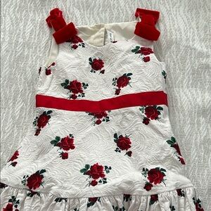 Floral White and Red Dress with Bow Accents for Christmas